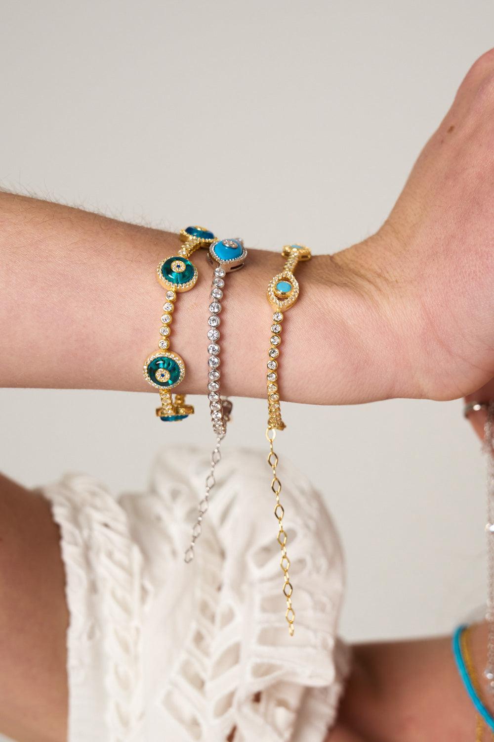 Green Stone Evil Eye Tennis Bracelet - SELEN JEWELS