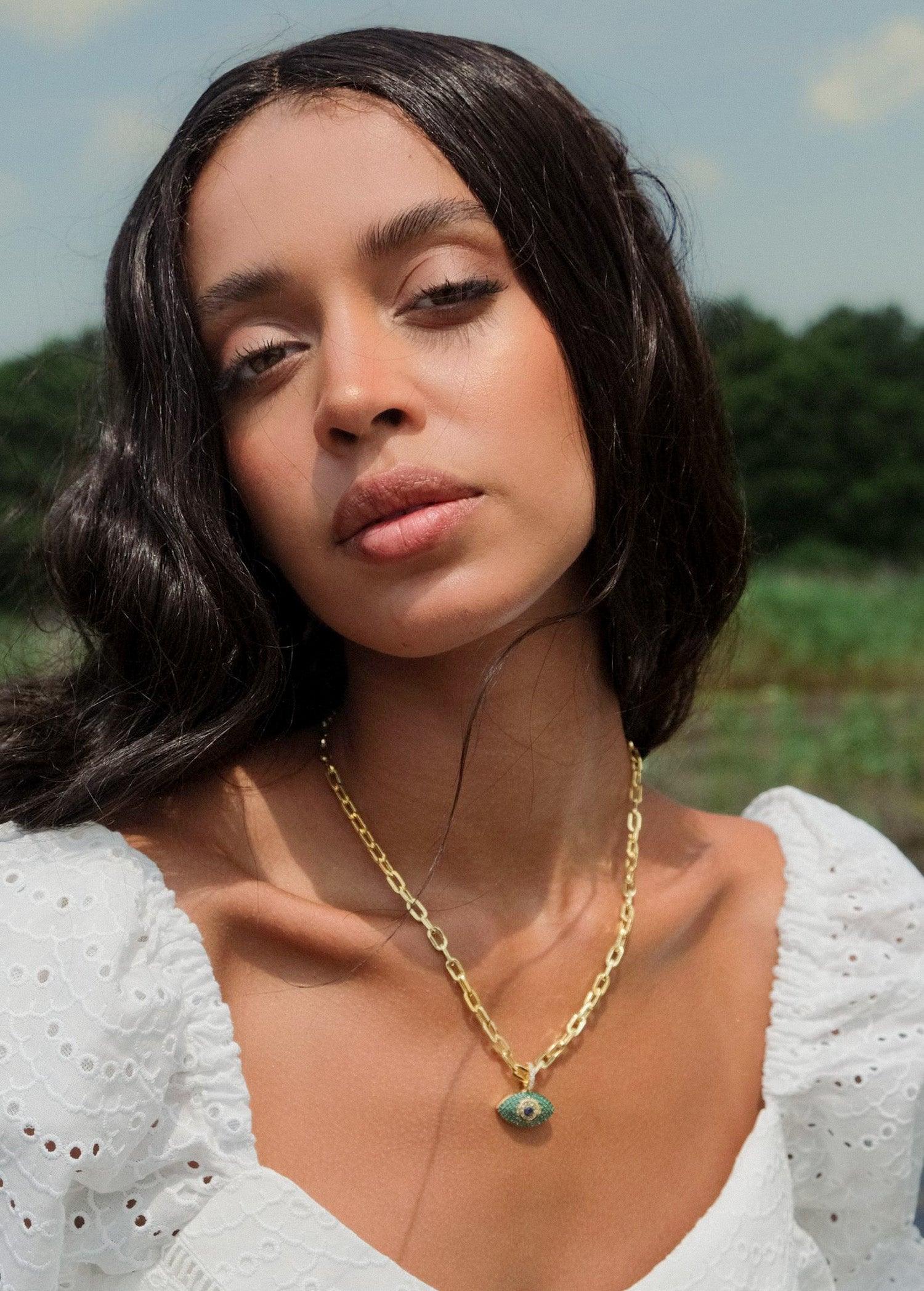 Paperclip Chain Evil Eye Necklace - SELEN JEWELS