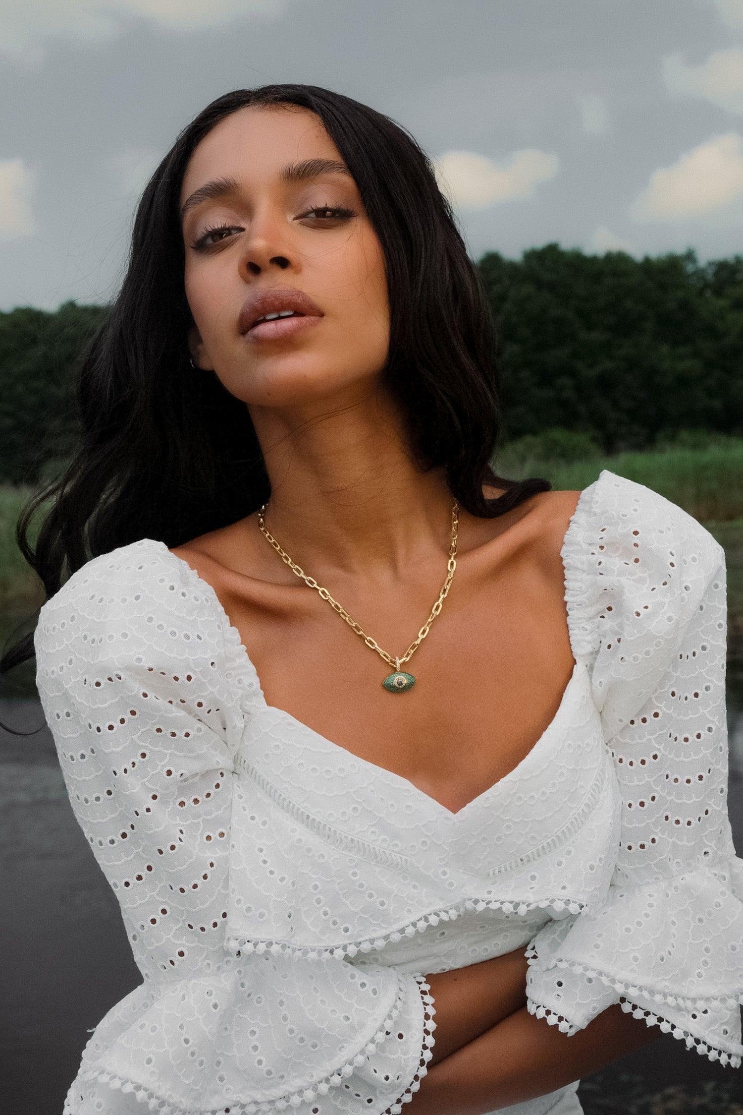Paperclip Chain Evil Eye Necklace - SELEN JEWELS