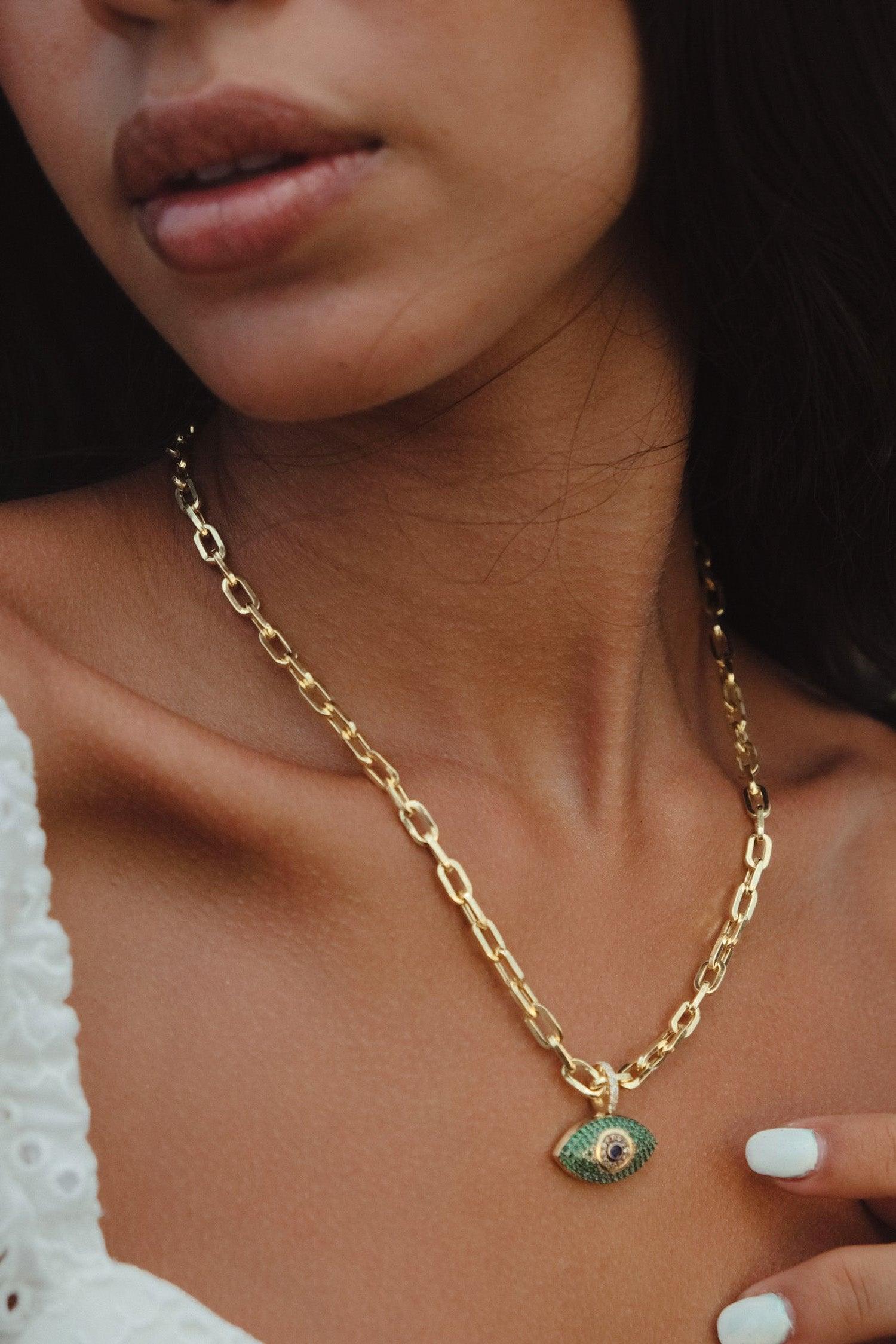 Paperclip Chain Evil Eye Necklace - SELEN JEWELS